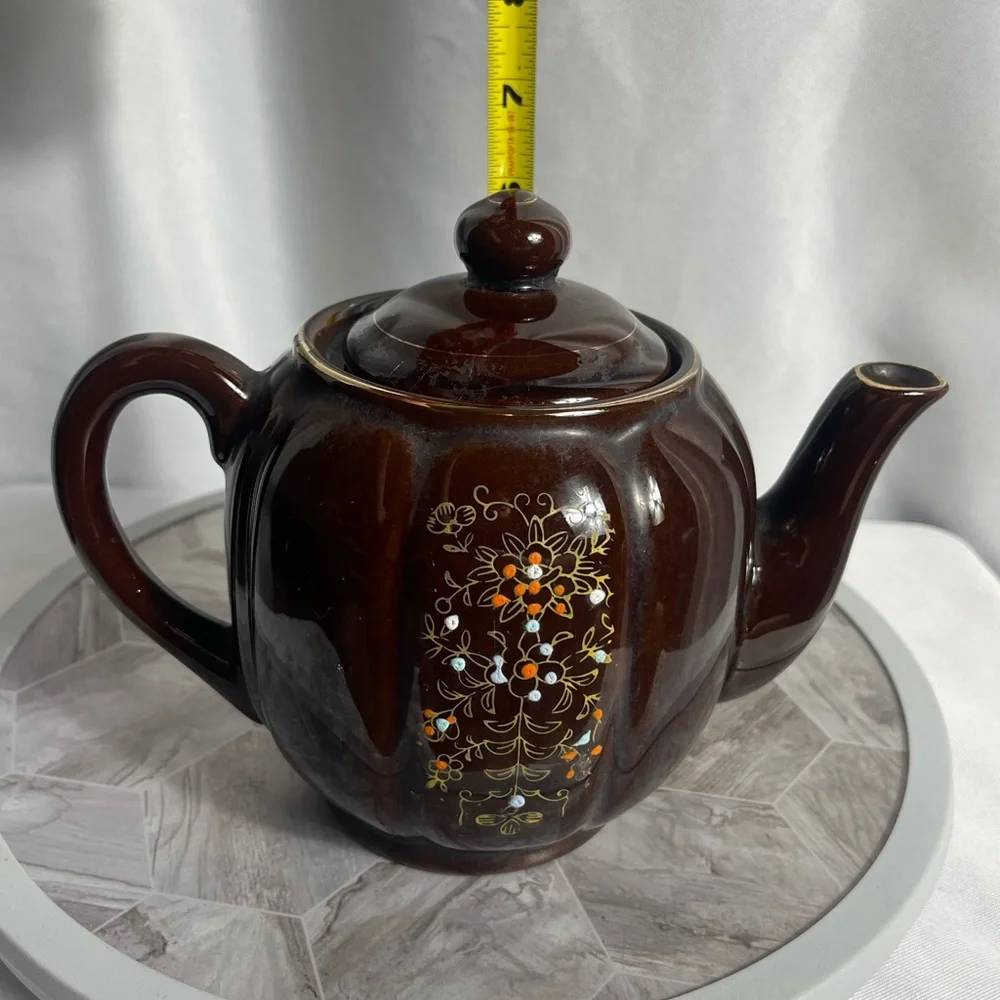 Vintage Hand-Painted Brown Ceramic Teapot from Japan – Floral Motif, 6.5” - Picture 3 of 10